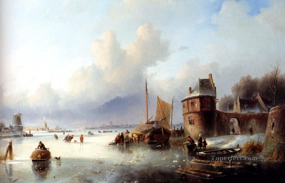 jacob A Winter Landscape With Numerous Skaters On A Frozen Waterway boat Jan Jacob Coenraad Spohler Oil Paintings